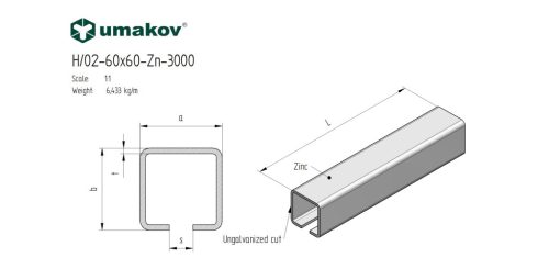 Horganyzott C-profil, úszókapuhoz, 60x60x4 mm, L 7m
