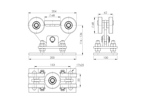 Zajmentes kapugörgő PVC kerékkel 80x80mm profilhoz